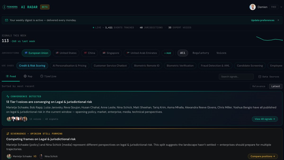 AI Radar Feed view — regulatory events and expert signals with power signal banners across 48 jurisdictions